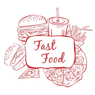 Restoran web sitesi için Gıda Afişi Tasarım Şablonu. Fast Food Teması 'nda Fast Food Menü Şablonu El Tarzı Çizimi Şekliyle Farklı Nesneler. Fast food dokusu.