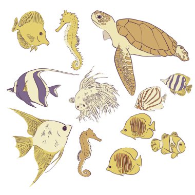 Doodle, el yapımı deniz balığı ve kaplumbağa deseni. Deniz duvar kağıdı. Vektör çizimi. Deniz tasarımınız için karikatür sualtı elementleri. Dünya Okyanusları Günü için İllüstrasyon