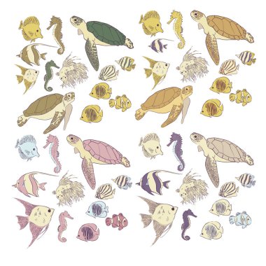Doodle, el yapımı deniz balığı ve kaplumbağa deseni. Deniz duvar kağıdı. Vektör çizimi. Deniz tasarımınız için karikatür sualtı elementleri. Dünya Okyanusları Günü için İllüstrasyon