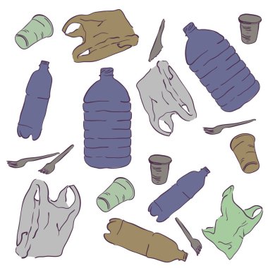 Plastik atık. Ekolojik bir sorun. Çöp simgeleri seti. Çevre kirliliği. Plastik torbalar, plastik bardaklar, şişeler, çatallar ve bıçaklar. Plastikle okyanus kirliliği. Okyanuslarımızı kurtar