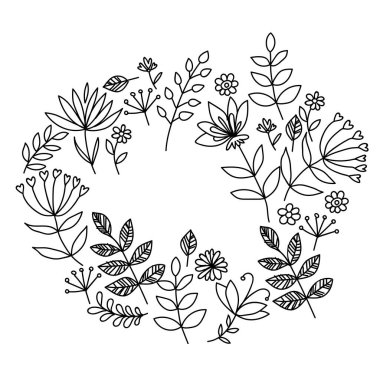 Vektör el çizimleri. Hipster grunge çizimleri. Yaprakları, dalları, çiçekleri olan izole bir boho çiçeği çizimi. Hoş bir doku. Projen için mükemmel, düğün, ambalaj.