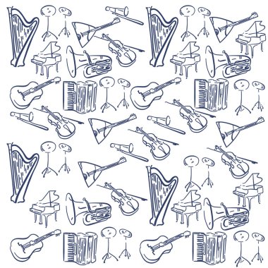 Müzik Enstrümanları Nesneleri, Hat Tasarımı, Festival, Olay, Canlı Konser. Vektör karikatür müzik aletleri, notalar. Desen