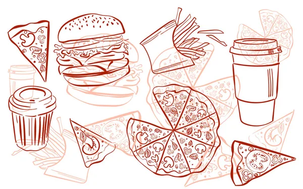 Food Banner Design Template for Restaurant Web Site. Fast Food Menu Template in Hand Drawn Doodle Style with Different Objects on Fast Food Theme. Fast food texture.