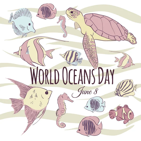 Doodle, el yapımı deniz balığı ve kaplumbağa deseni. Deniz duvar kağıdı. Vektör çizimi. Deniz tasarımınız için karikatür sualtı elementleri. Dünya Okyanusları Günü için İllüstrasyon