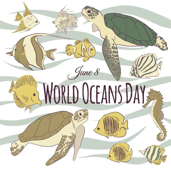 Doodle, el yapımı deniz balığı ve kaplumbağa deseni. Deniz duvar kağıdı. Vektör çizimi. Deniz tasarımınız için karikatür sualtı elementleri. Dünya Okyanusları Günü için İllüstrasyon