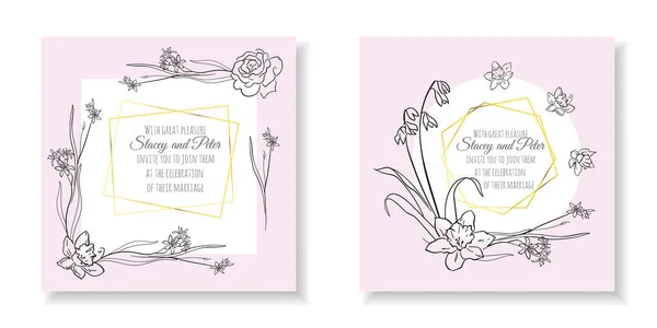 一套带花玫瑰的卡片 婚礼装饰品的概念 花卉招贴画 手绘向量 — 图库矢量图片