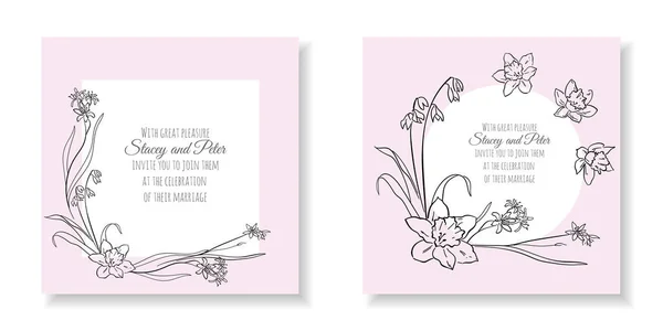 Conjunto Tarjeta Con Rosa Flor Hojas Concepto Adorno Boda Cartel — Vector de stock