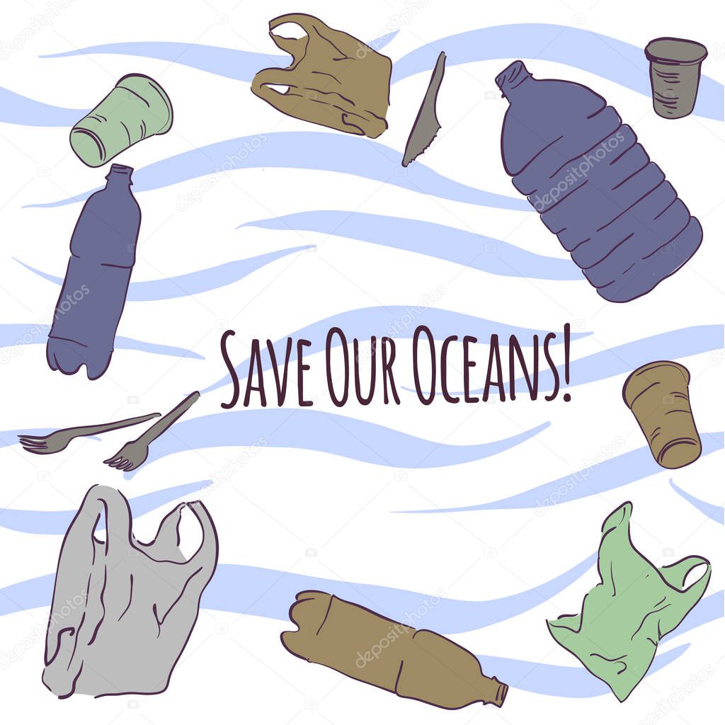Plastic waste. Ecological problem. Set of trash icons. Environmental pollution. Plastic bags, plastic cups, bottles, forks and knives. Ocean pollution with plastic. Save our oceans