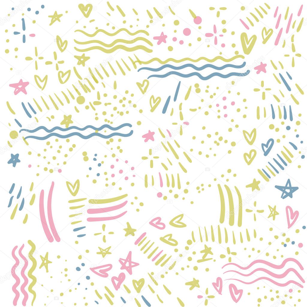  Vector abstract cute simple pattern with different hand painted elements. . Isolated, colorless. Can be used as a background, pattern, wrapping paper, backdrop, wallpaper or as bag template