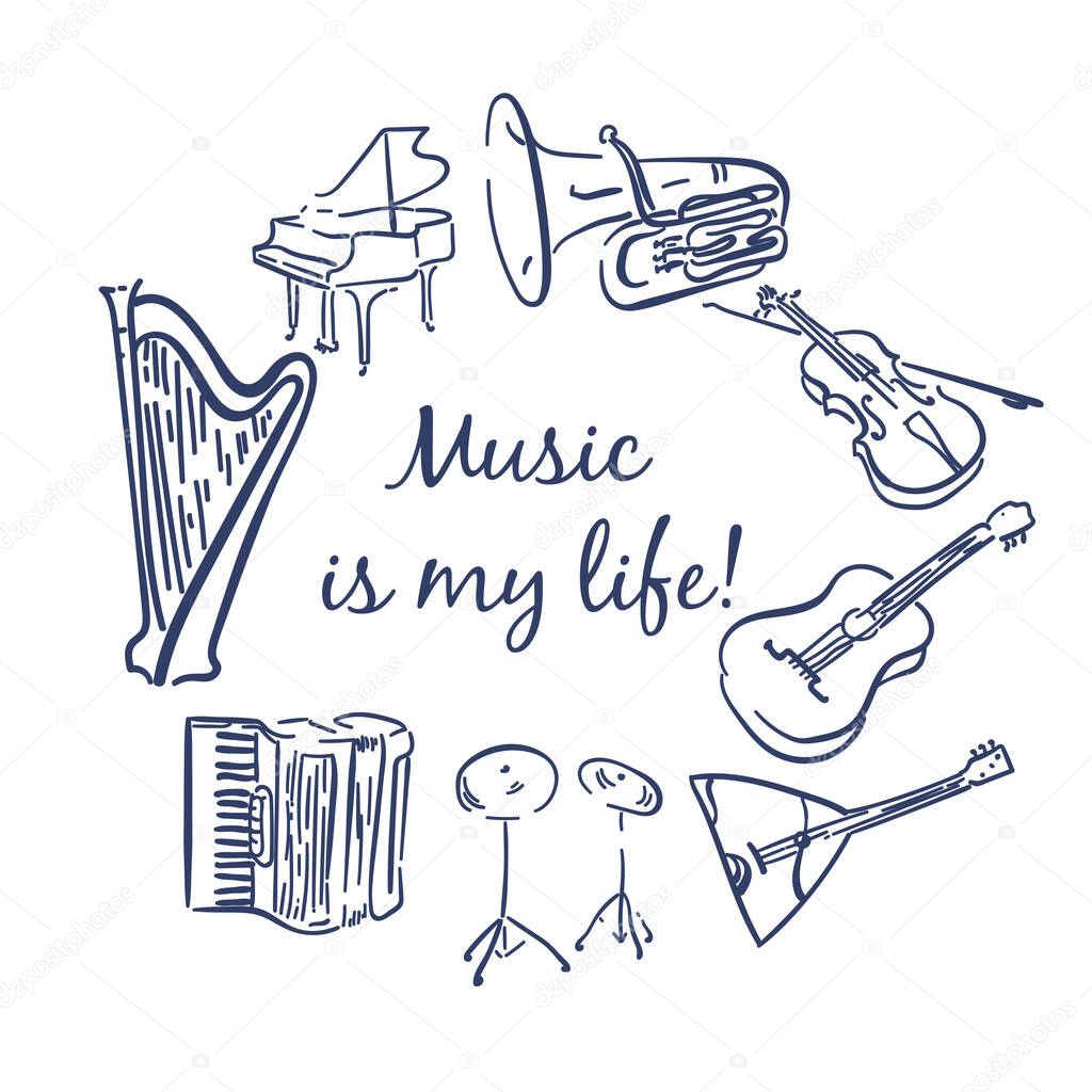 Music Instruments Objects, Line Design, Festival, Event, Live, Concert. Vector cartoon musical instruments, notes. Pattern