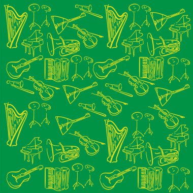 Müzik Enstrümanları Nesneleri, Hat Tasarımı, Festival, Olay, Canlı Konser. Vektör karikatür müzik aletleri, notalar. Desen