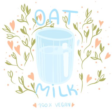 Vejetaryenler için bir bardak süt. Yulaf sütü. Süt ürünlerine karşı sağlıklı bir alternatif. Pankart, kart, poster, baskı ve diğer tasarım projeleri için şablon.