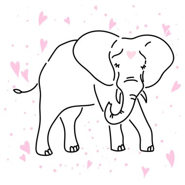 Şirin fil çizgi filmi el çizimi vektör çizimi. Kalplerin arka planında fil var. Neşeli fil. Havalı, tembel Afrika memelisi İskandinav robot resim çizimi. İzole çizgi film karakteri.