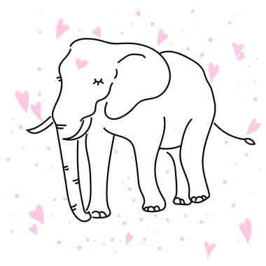 Şirin fil çizgi filmi el çizimi vektör çizimi. Kalplerin arka planında fil var. Neşeli fil. Havalı, tembel Afrika memelisi İskandinav robot resim çizimi. İzole çizgi film karakteri.