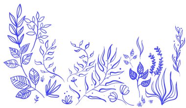 Çiçek vektörü. Tasarımınız için el çizimi vektör dekoratif elementler kümesi. Yapraklar, girdaplar, çiçek elementleri, dairesel çerçeveler, sınırlar, ayırıcılar. Grafik. Doğa tasarım elementleri.