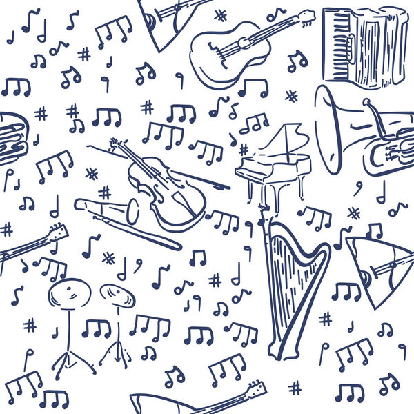 Music Instruments Objects, Line Design, Festival, Event, Live, Concert. Vector cartoon musical instruments, notes. Pattern