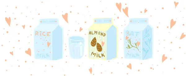 给素食者的一杯牛奶 杏仁和燕麦奶 健康地替代乳制品 印刷品及其他设计项目模板 — 图库矢量图片