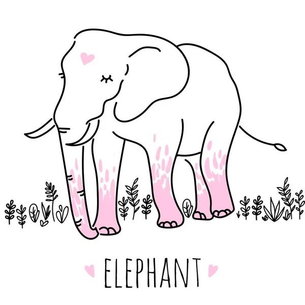 Söt Elefant Tecknad Handritad Vektor Illustration Elefant Bakgrunden Hjärtan Den — Stock vektor