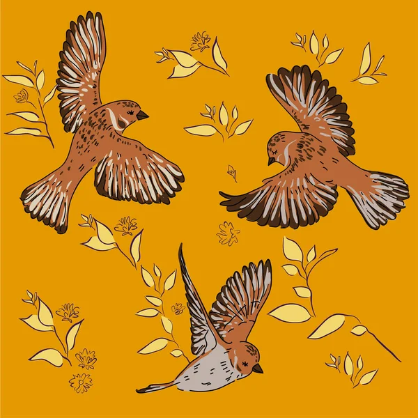 手绘无缝图案 鸟类与花朵 背景隔离 可爱的小麻雀鸟图案 — 图库矢量图片