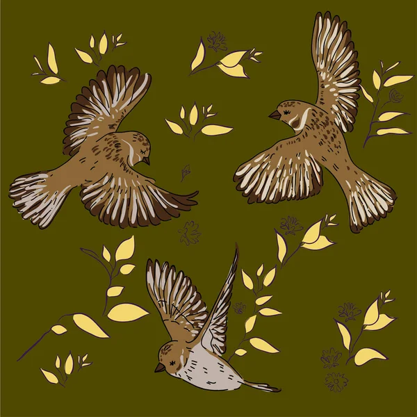 Patrón Sin Costura Dibujado Mano Aves Flor Hoja Rama Aislado — Archivo Imágenes Vectoriales