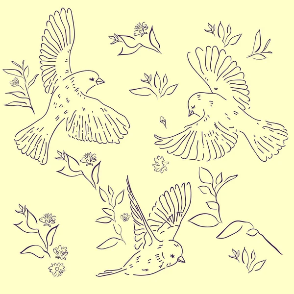 Hand Drawn Seamless Pattern Birds Flower Leaf Branch Isolated Background — Stock Vector