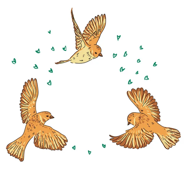 Disegno Mano Senza Soluzione Continuità Uccelli Fiori Foglia Ramo Isolato — Vettoriale Stock