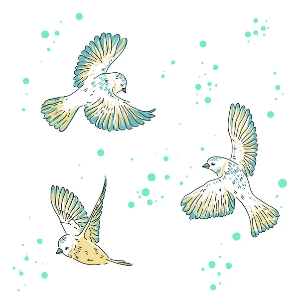Ζωγραφισμένα Στο Χέρι Χωρίς Ραφή Μοτίβο Πουλιά Και Λουλούδια Φύλλα — Διανυσματικό Αρχείο