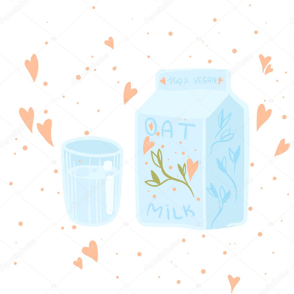 A glass of milk for vegans. Oat milk. Healthy alternative to dairy. Template for banner, card, poster, print and other design projects.