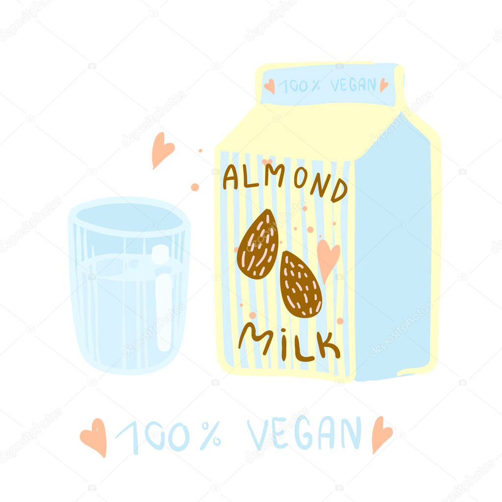 A glass of milk for vegans. Almond milk. Healthy alternative to dairy. Template for banner, card, poster, print and other design projects