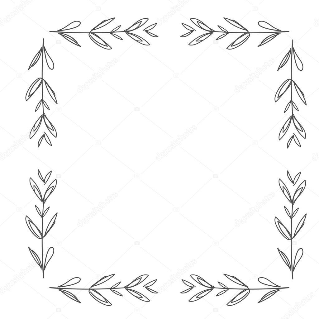 Hand-drawn ornate frame decor element with leaves. Detailed ink black outline rich ornament. Vector image, clipart. Hand drawn floral frame. Decor element for your design.
