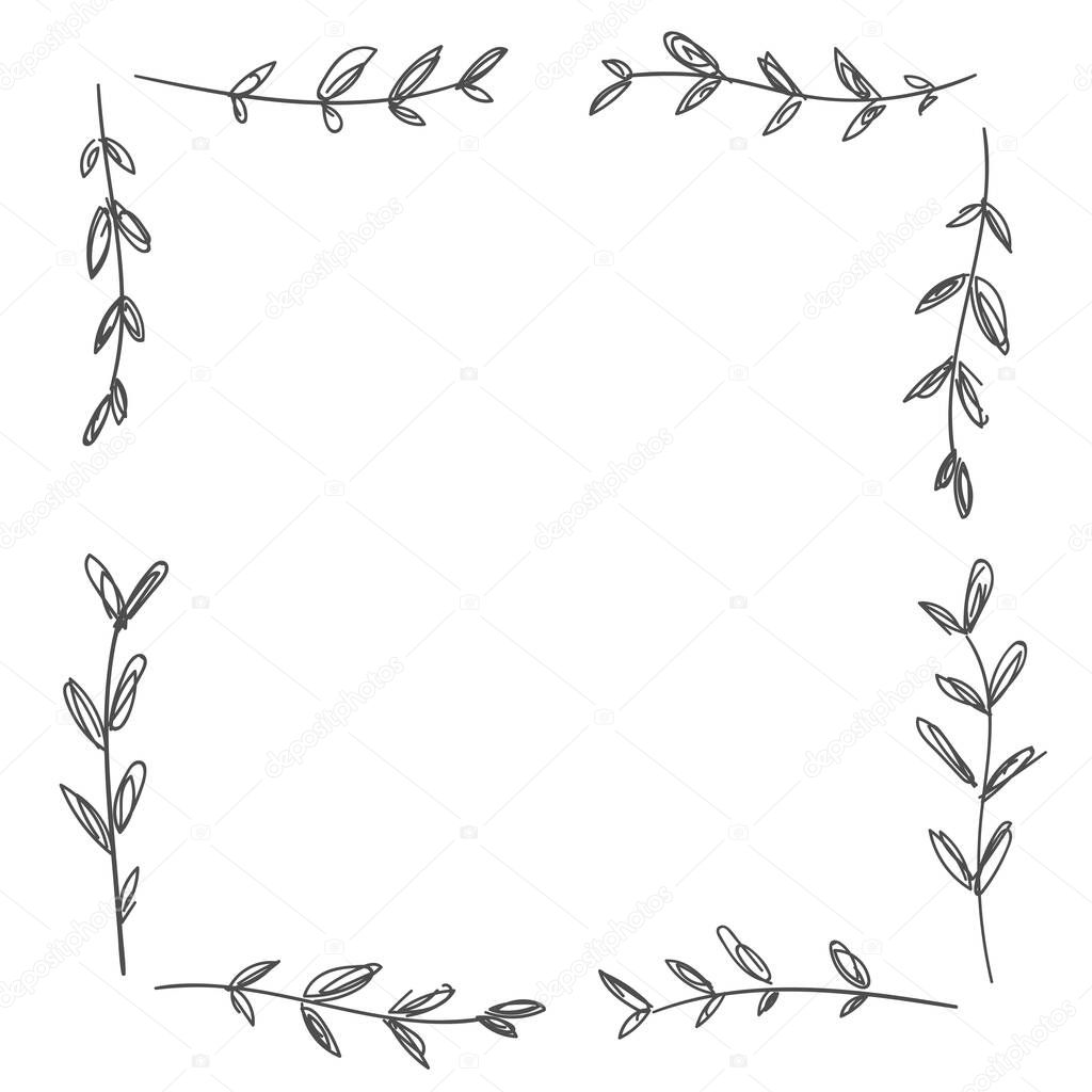 Hand-drawn ornate frame decor element with leaves. Detailed ink black outline rich ornament. Vector image, clipart. Hand drawn floral frame. Decor element for your design.