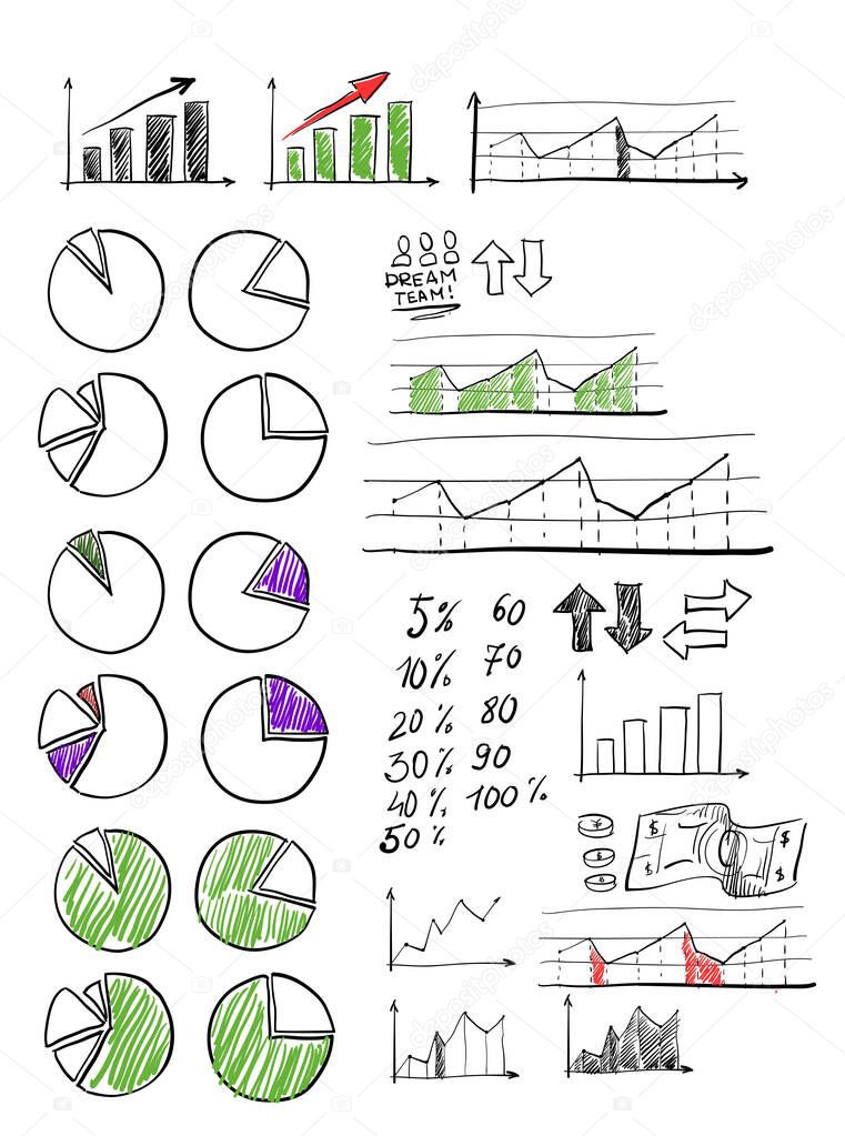 infographics collection hand drawn doodle sketch business ecomomic finance elements. Creative business sketch. Management concept