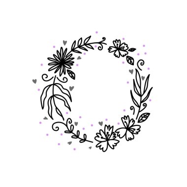 Vektör resmi, clipart, düzenlenebilir detaylar. Boho çiçek çerçevesi, metin şablonu. Çiçekli tasarımlar, daire şeklinde. Tasarımınız ve diğer şeyler için dekor elemanı. Çiçek desenli boho çerçeve ve kartı.