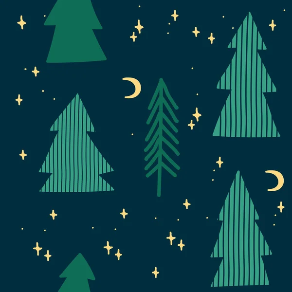 Çam Ağaçları Noel Ağaçları Yeni Yıldızlar Gece Gökyüzü Eli Çizilmiş — Stok Vektör