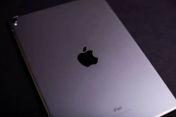 Logo Apple Vzadu Apple Ipad Pro Prostor Šedý Černém Pozadí — Stock fotografie