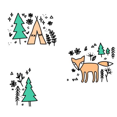 İskandinav tasarım modeli, vektör sanat grafiği. Güzel karikatür karalama hayvanları, tilki karakterleri, bebek baskıları, tekstil, kartpostallar, dekorasyonlar için dikişsiz arka plan dokuları olan bir kart..