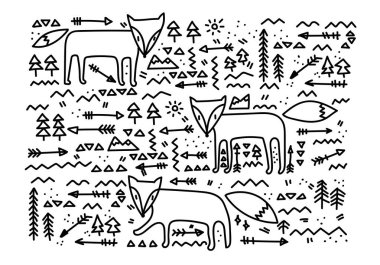 Karalama tasarım elementleri seti. Ok, çelenk, çiçek unsurları, tilki. İskandinav, İskandinav deseni. El çizimi dekorasyon koleksiyonu.