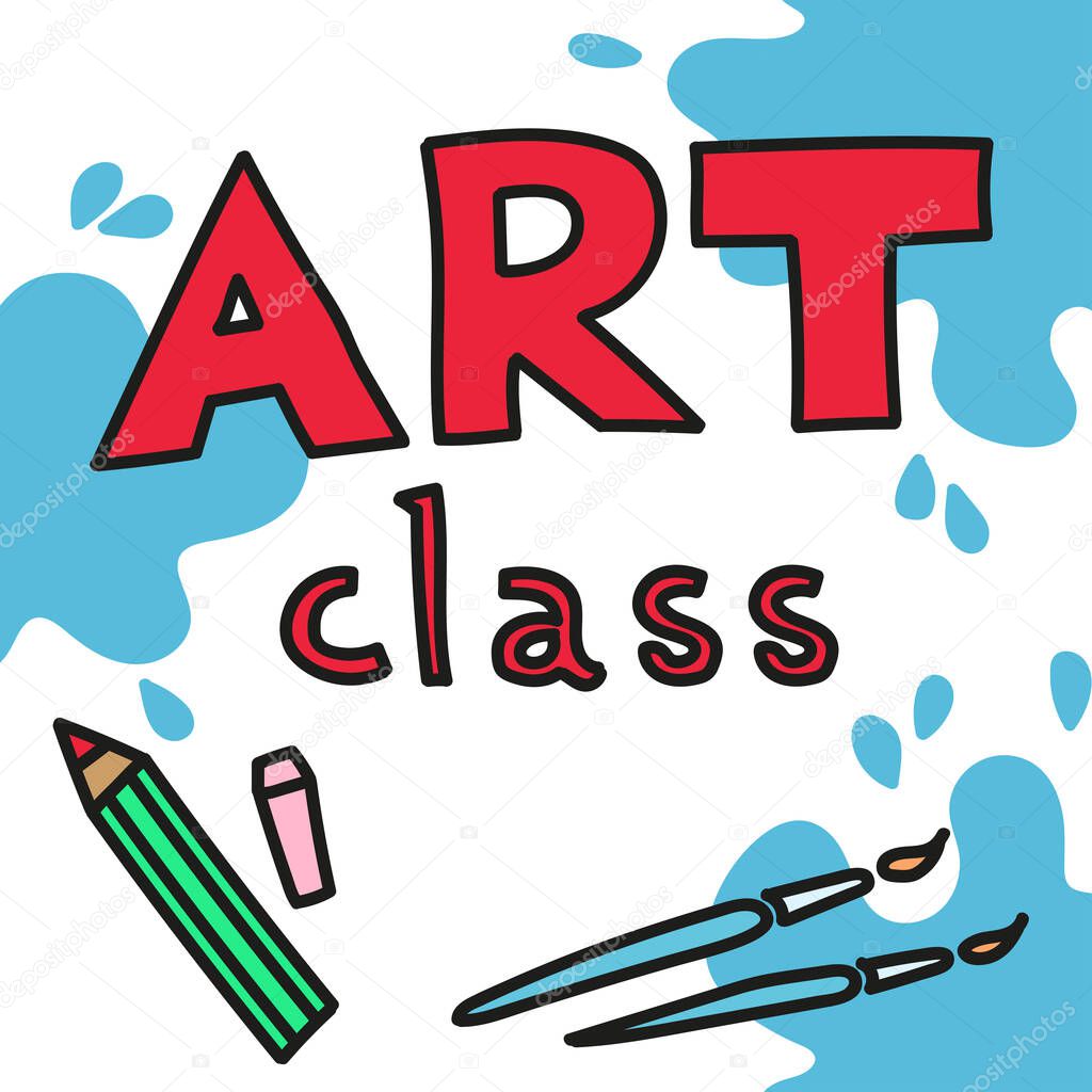 Kids art, creativity class concept. Vector banner, poster or frame background with hand drawn pencil, brush, paints and watercolour splash. Doodle illustration. Art Workshop Template
