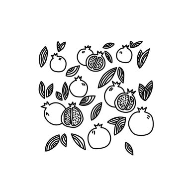 Meyve karalama tasarımı elementleri. El yapımı dekorasyon koleksiyonu. Nar ve yapraklar. Yaz arkaplanı.