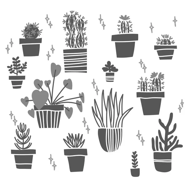 Patrón Blanco Negro Con Flores Caseras Macetas Lindos Cactus Suculentas — Vector de stock