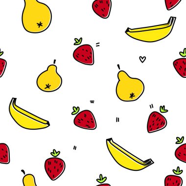 Çizgi film tarzında şirin meyveler. Çilek, muz ve armut. Vektör el çizimi desen. Hippi çizimi. El çizimi izole boho illüstrasyonu. 