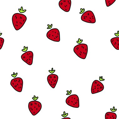 Çizgi film tarzında şirin meyveler. Çilekli. Vektör el çizimleri. Hipster grunge çizimleri. El çizimi izole boho illüstrasyonu.