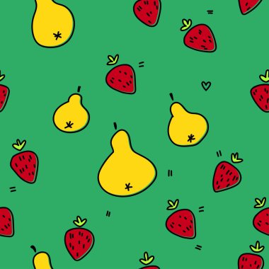 Çizgi film tarzında şirin meyveler. Çilek ve armut. Vektör el çizimi desen. Hippi çizimi. El çizimi izole boho illüstrasyonu. 