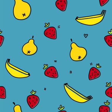 Çizgi film tarzında şirin meyveler. Çilek, muz ve armut. Vektör el çizimi desen. Hippi çizimi. El çizimi izole boho illüstrasyonu. 