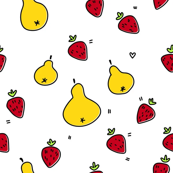 Çizgi film tarzında şirin meyveler. Çilek ve armut. Vektör el çizimi desen. Hippi çizimi. El çizimi izole boho illüstrasyonu. 
