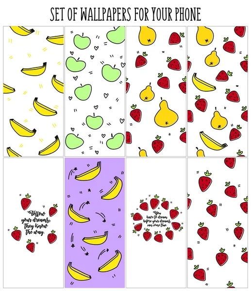 Set Sfondi Telefono Tema Frutta Sfondi Con Fragole Banana Pera — Vettoriale Stock