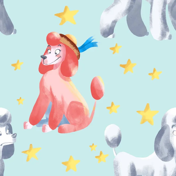 漫画の落書きシームレスなパターンをプールします かわいい純血犬の壁紙 面白いペットイラスト 犬のシームレスパターン — ストック写真