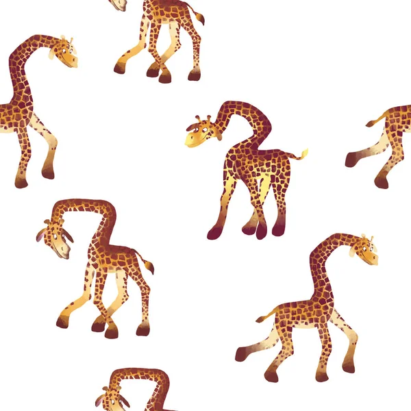 有可爱的长颈鹿和手工绘制的星星的莎凡娜幼稚的图案 创意儿童纹理面料 纺织品 手绘插图 — 图库照片