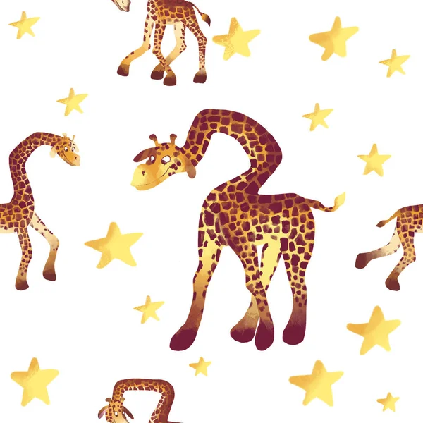 Savannenmuster Mit Niedlicher Giraffe Und Handgezeichneten Sternen Kreative Kindertextur Für — Stockfoto