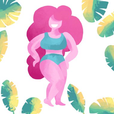 Mutlu, güzel, aktif, büyük beden kız çizimleri. Vücut pozitif konsept. Sütyen ve külot giymiş tombul bir kız, kadın karakter dansı. Vücut pozitifliği. Klip sanatı